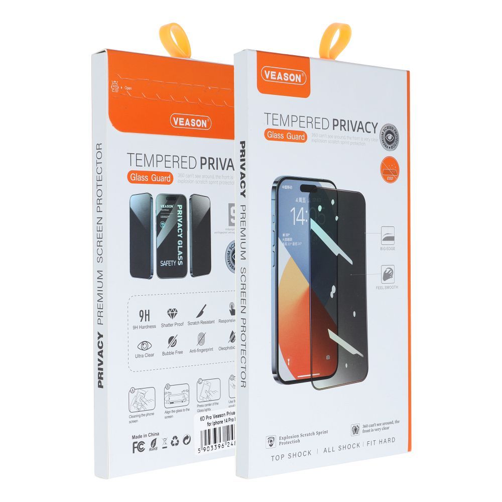 Aizsargstikls iPhone 15 Pro – 6D Pro Veason Privacy, melns