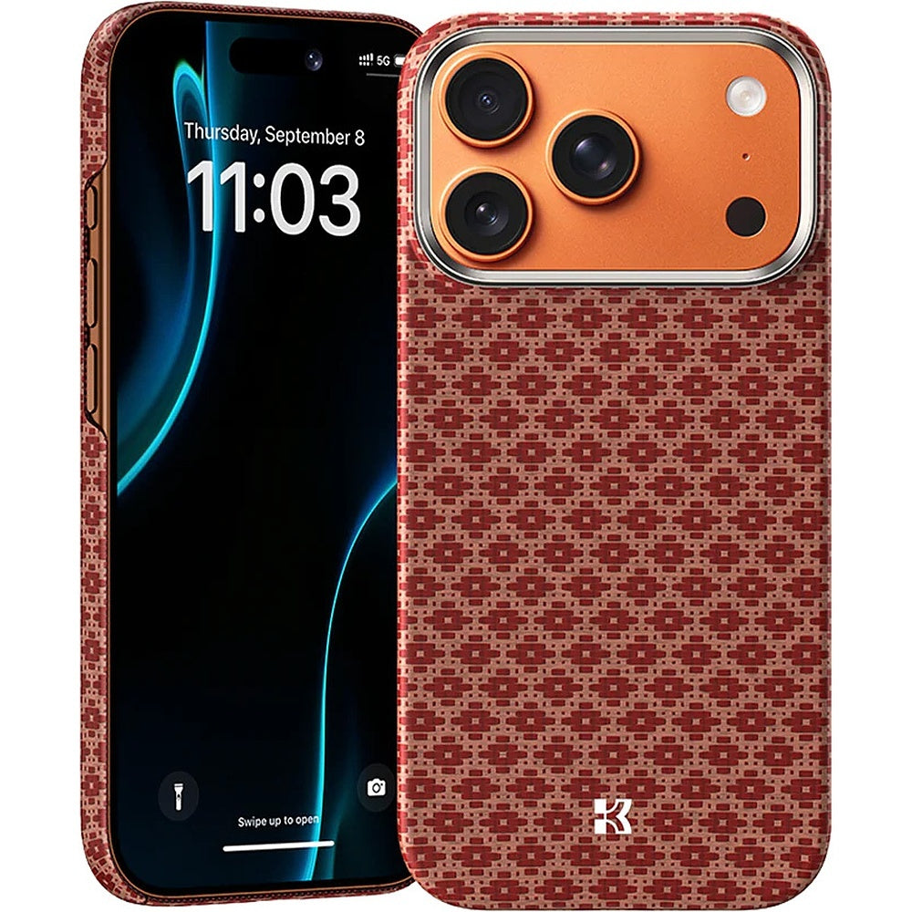 Aizsargvāciņš iPhone 17 Pro/18 Pro – Benks ArmorGrid Kevlar 600D ar metāla rāmi, oranžs