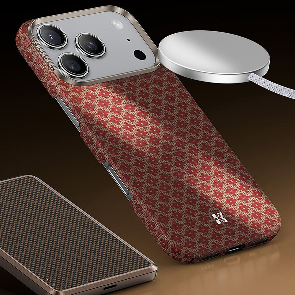 Aizsargvāciņš iPhone 17 Pro/18 Pro – Benks ArmorGrid Kevlar 600D ar metāla rāmi, oranžs