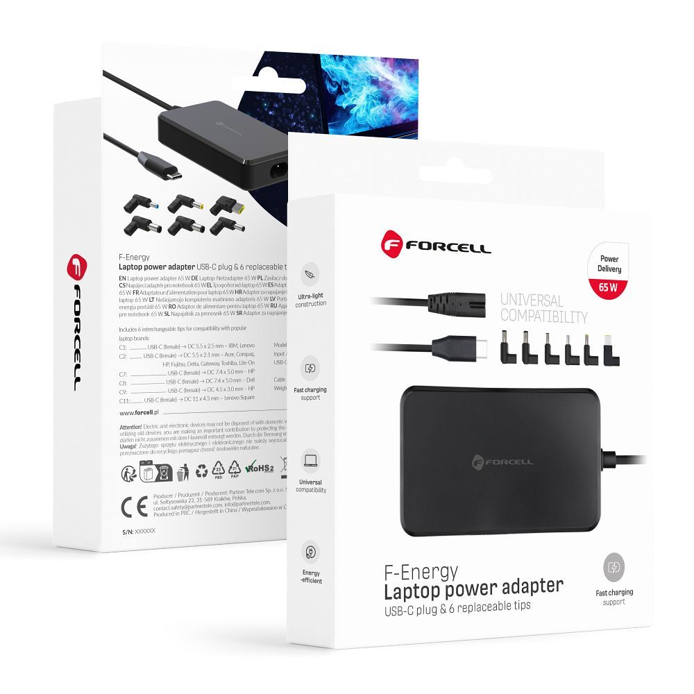 Forcell F-Energy E856 USB-C PD 65 W portatīvā datora lādētājs ar 6 uzgaļiem, melns