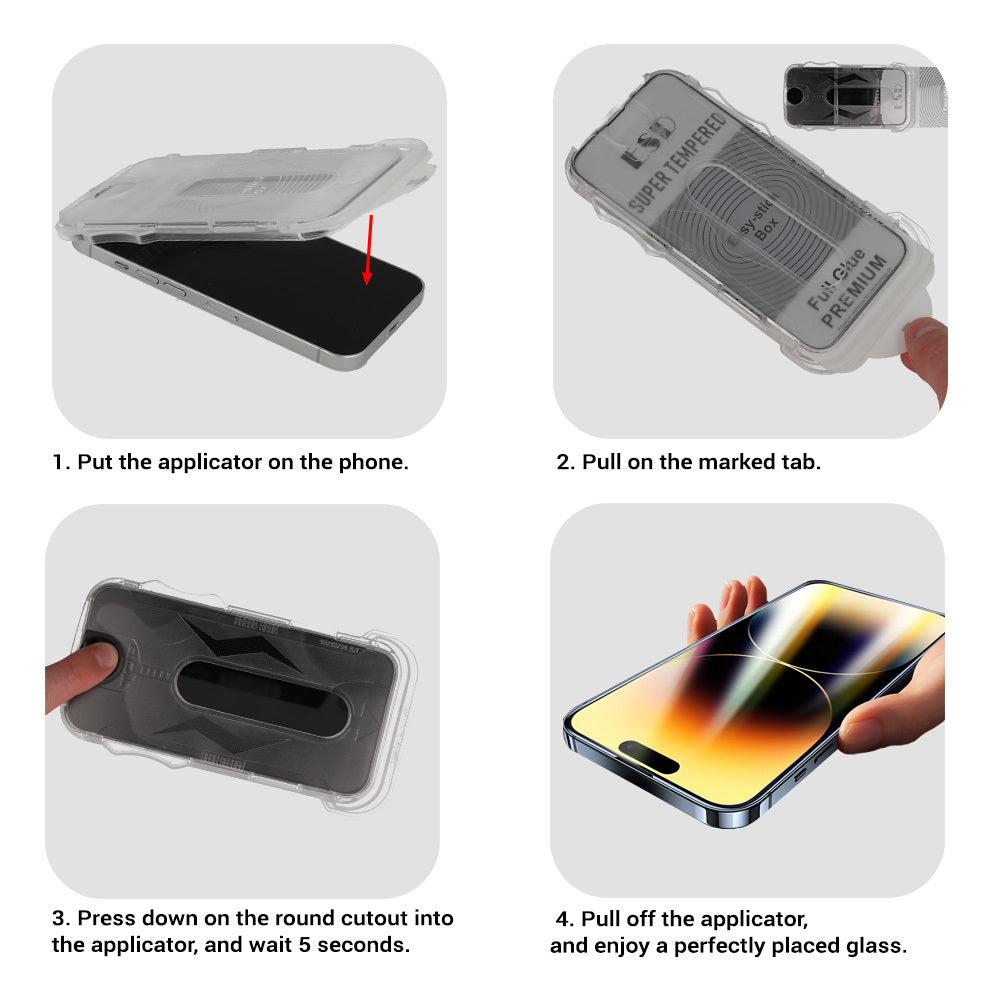 Aizsargstikls iPhone 16/15 – Full Glue Easy-Stick Box, melns — attēls 4