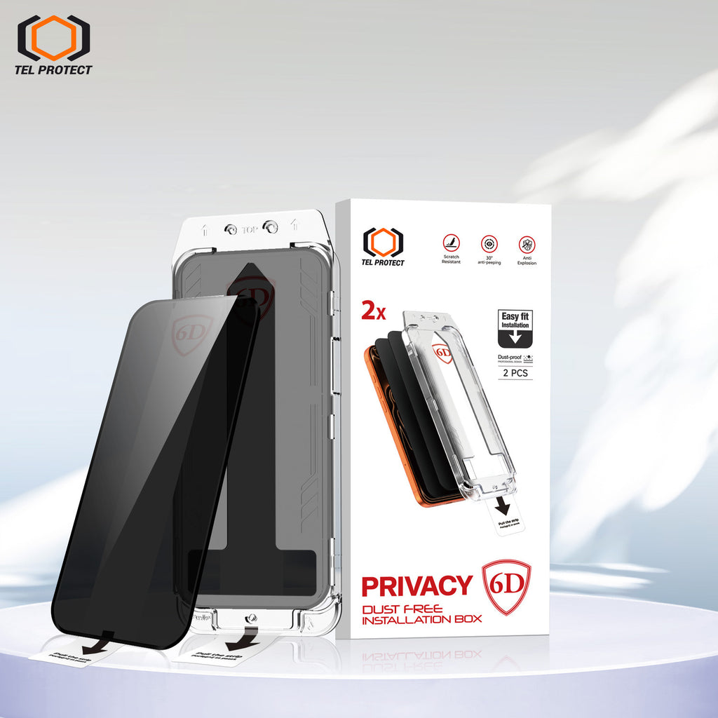 Tel Protect Dust-Free Easy Fit Privacy Full Glue 6D aizsargstikls iPhone 18 Pro, melns, 2 gab.