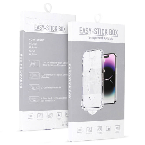 Aizsargstikls iPhone 13/13 PRO/14/16E/17E – Full Glue Easy-Stick Box, melns